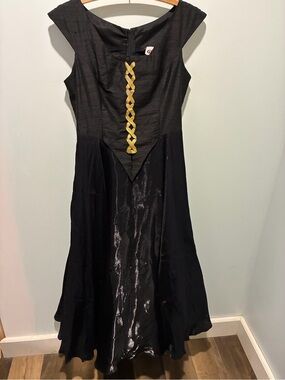 GLORIA Vintage Silk Black Formal Dress with Gold Braid Detail Size XL
